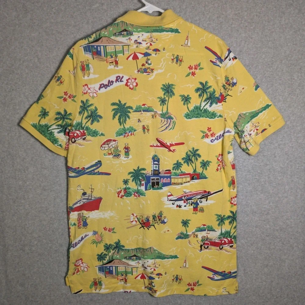 Polo Ralph Lauren Polo Shirt Mens Large Yellow Hawaiian Aloha Bear Preppy Resort